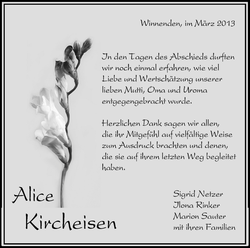  Traueranzeige für Alice Kircheisen vom 02.03.2013 aus Waiblinger Kreiszeitung