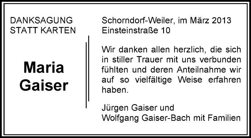  Traueranzeige für Maria Gaiser vom 09.03.2013 aus Waiblinger Kreiszeitung