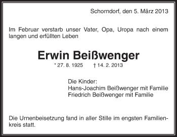 Traueranzeige von Erwin Beißwenger von Waiblinger Kreiszeitung