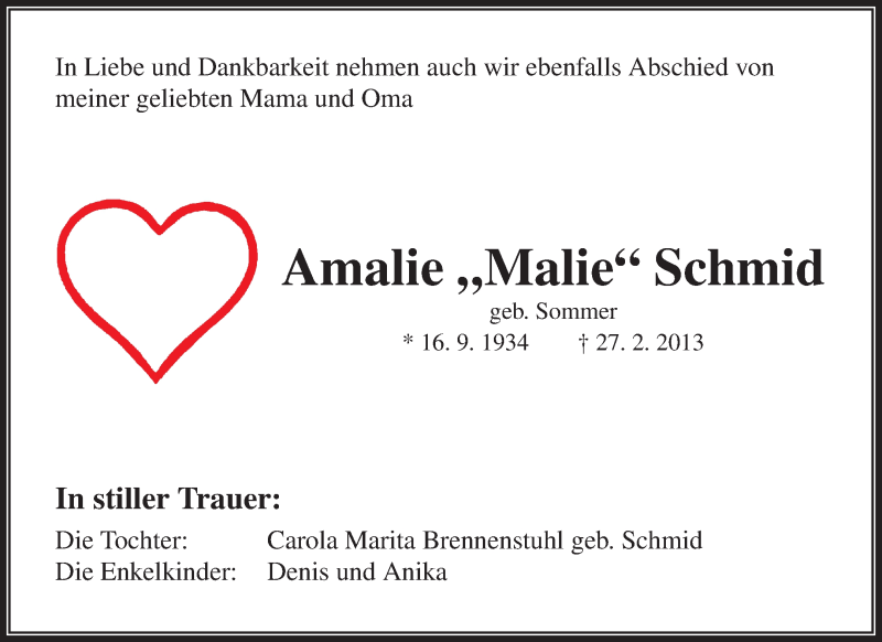  Traueranzeige für Amalie Schmid vom 05.03.2013 aus Waiblinger Kreiszeitung