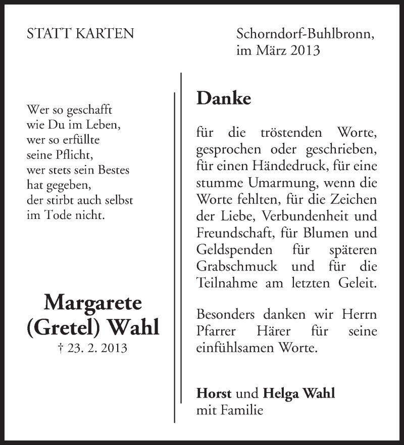  Traueranzeige für Margarete Wahl vom 09.03.2013 aus Waiblinger Kreiszeitung