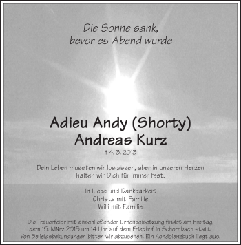 Traueranzeige von Andreas Kurz von Waiblinger Kreiszeitung