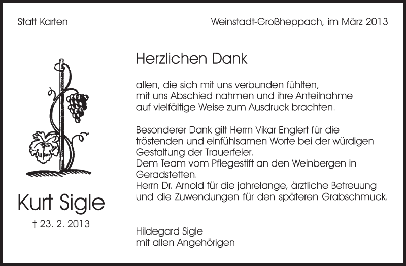  Traueranzeige für Kurt Sigle vom 14.03.2013 aus Waiblinger Kreiszeitung