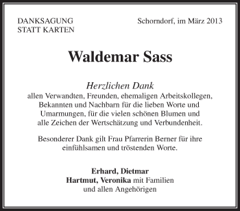 Traueranzeige von Waldemar Sass von Waiblinger Kreiszeitung