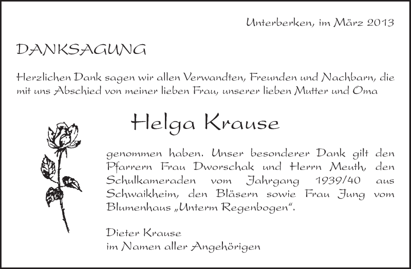  Traueranzeige für Helga Krause vom 14.03.2013 aus Waiblinger Kreiszeitung