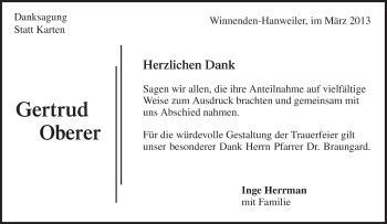 Traueranzeige von Gertrud Oberer von Waiblinger Kreiszeitung
