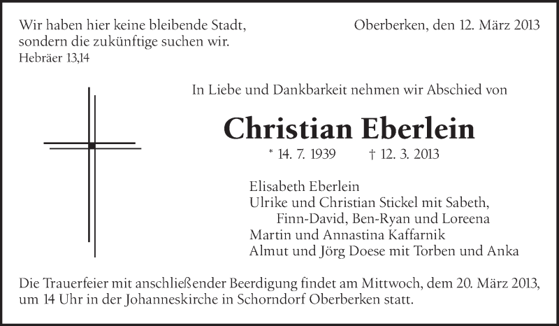  Traueranzeige für Christian Eberlein vom 15.03.2013 aus Waiblinger Kreiszeitung