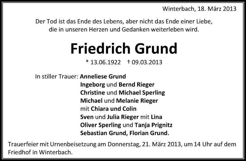  Traueranzeige für Friedrich Grund vom 18.03.2013 aus Waiblinger Kreiszeitung