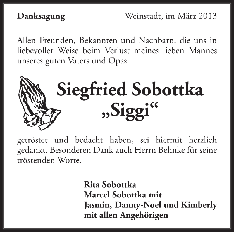  Traueranzeige für Siegfried Sobottka vom 23.03.2013 aus Waiblinger Kreiszeitung