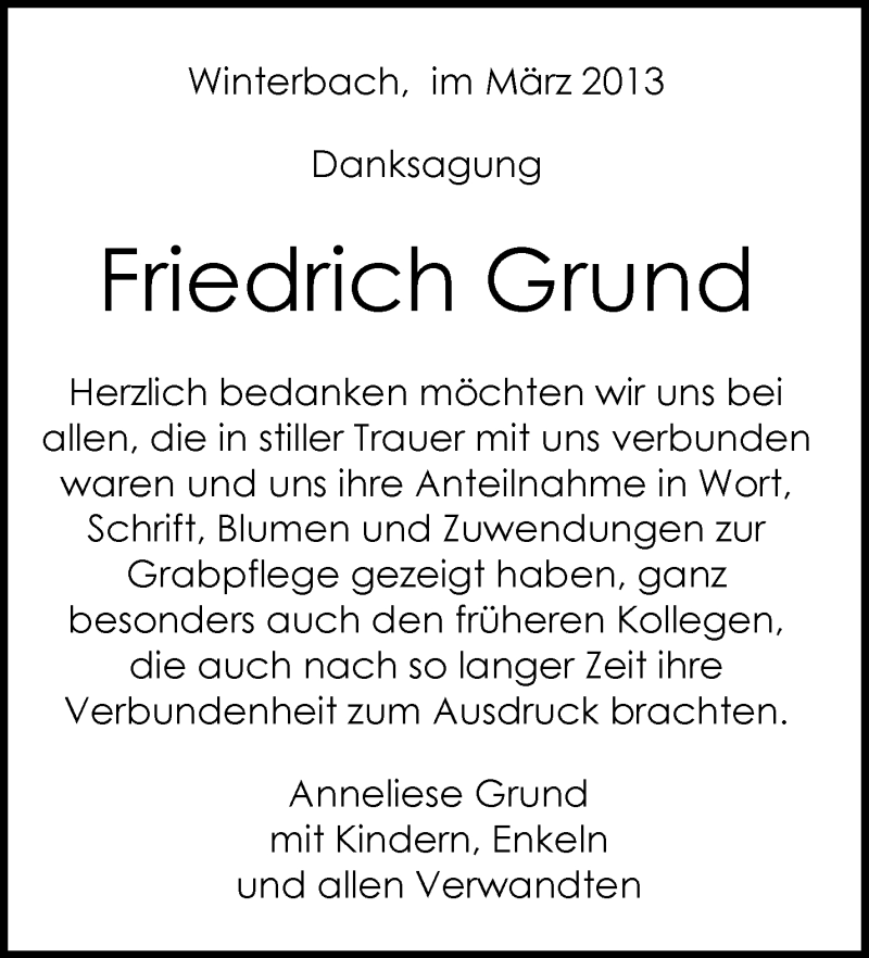  Traueranzeige für Friedrich Grund vom 28.03.2013 aus Waiblinger Kreiszeitung