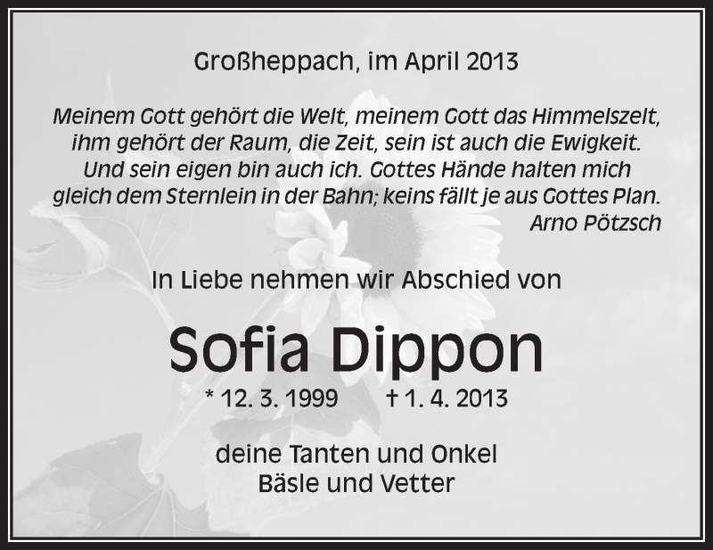  Traueranzeige für Sofia Dippon vom 04.04.2013 aus Waiblinger Kreiszeitung