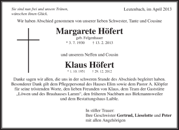 Traueranzeige von Margarete Höfert von Waiblinger Kreiszeitung