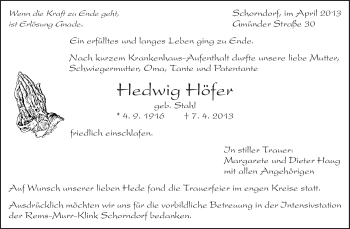 Traueranzeige von Hedwig Höfer von Waiblinger Kreiszeitung