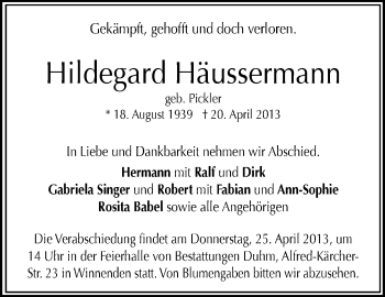 Traueranzeige von Hildegard Häussermann von Waiblinger Kreiszeitung