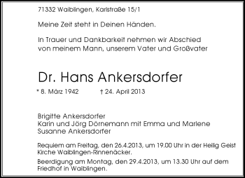 Traueranzeige von Dr. Hans Ankersdorfer von Waiblinger Kreiszeitung