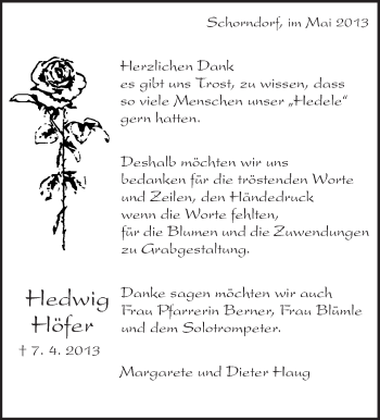 Traueranzeige von Hedwig Höfer von Waiblinger Kreiszeitung