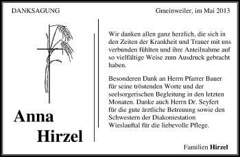 Traueranzeige von Anna Hirzel von Waiblinger Kreiszeitung