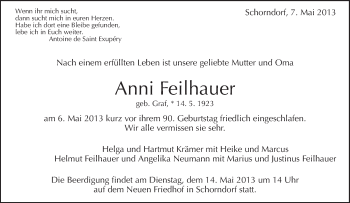 Traueranzeige von Anni Feilhauer von Waiblinger Kreiszeitung