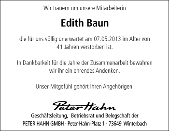 Traueranzeige von Edith Baun von Waiblinger Kreiszeitung