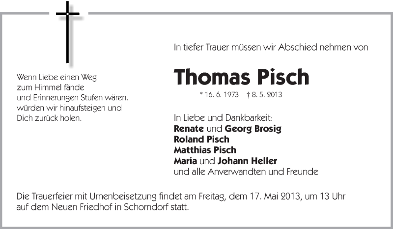  Traueranzeige für Thomas Pisch vom 14.05.2013 aus Waiblinger Kreiszeitung