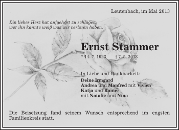 Traueranzeige von Ernst Stammer von Waiblinger Kreiszeitung