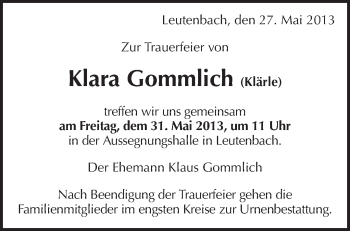 Traueranzeige von Klara Gommlich von Waiblinger Kreiszeitung