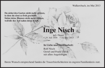 Traueranzeige von Inge Nisch von Waiblinger Kreiszeitung