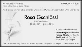 Traueranzeige von Rosa Gschössl von Waiblinger Kreiszeitung