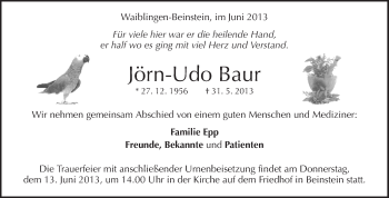 Traueranzeige von Jörn-Udo Baur von Waiblinger Kreiszeitung