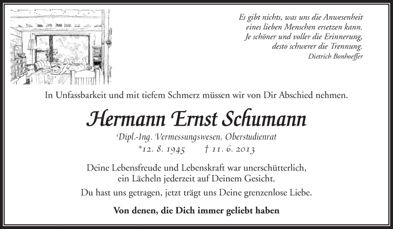  Traueranzeige für Hermann Ernst Schumann vom 22.06.2013 aus Waiblinger Kreiszeitung