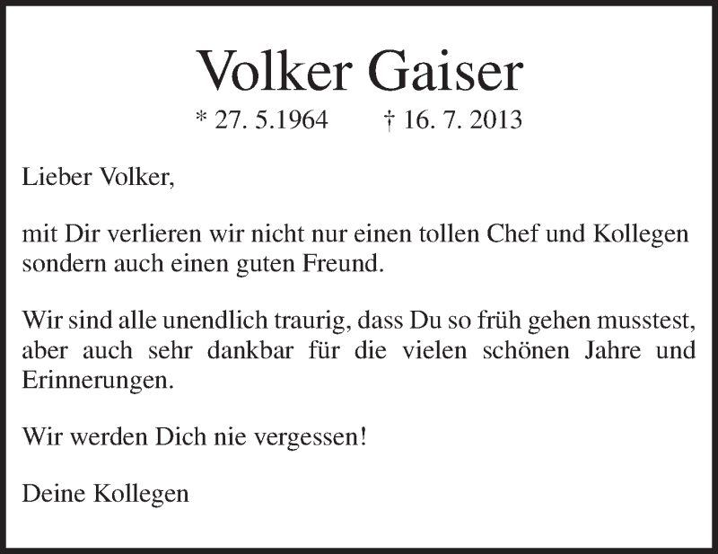  Traueranzeige für Volker Gaiser vom 18.07.2013 aus Waiblinger Kreiszeitung