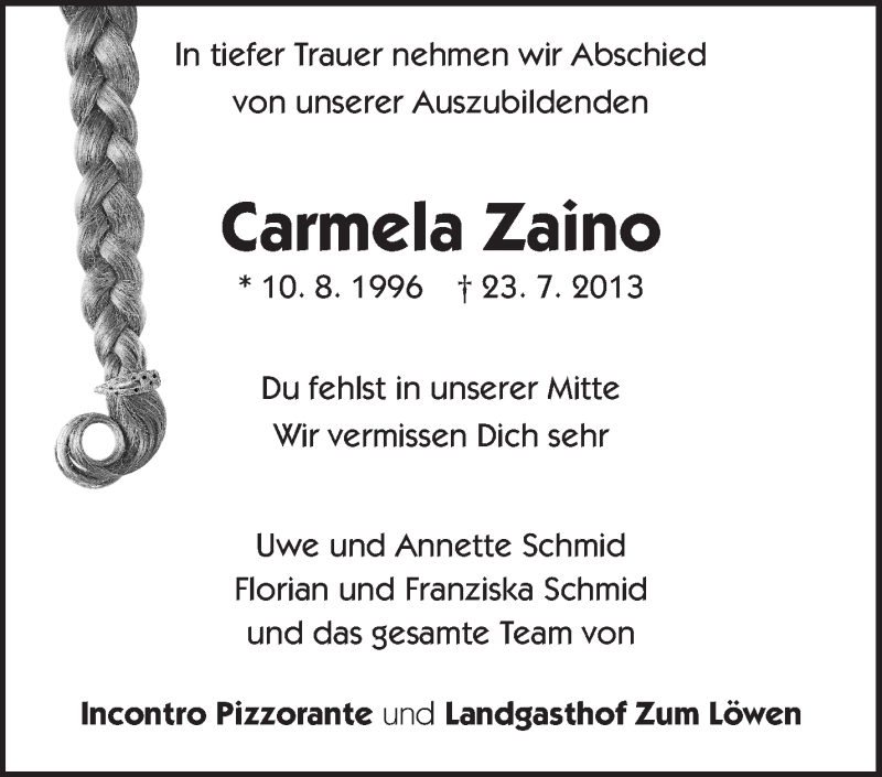  Traueranzeige für Carmela Biljana Zaino vom 27.07.2013 aus Waiblinger Kreiszeitung