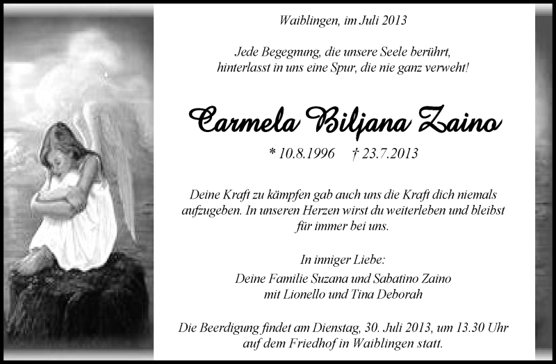  Traueranzeige für Carmela Biljana Zaino vom 27.07.2013 aus Waiblinger Kreiszeitung