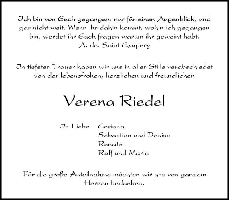  Traueranzeige für Verena Riedel vom 03.08.2013 aus Waiblinger Kreiszeitung