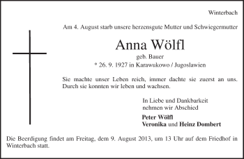 Traueranzeige von Anna Wölfl von Waiblinger Kreiszeitung