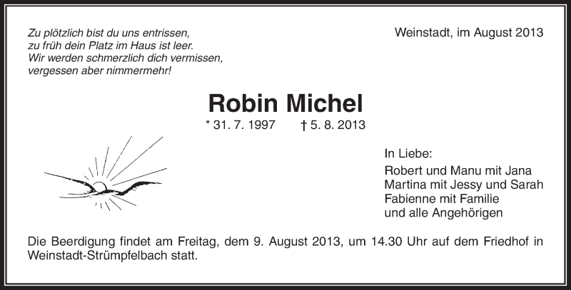  Traueranzeige für Robin Michel vom 07.08.2013 aus Waiblinger Kreiszeitung