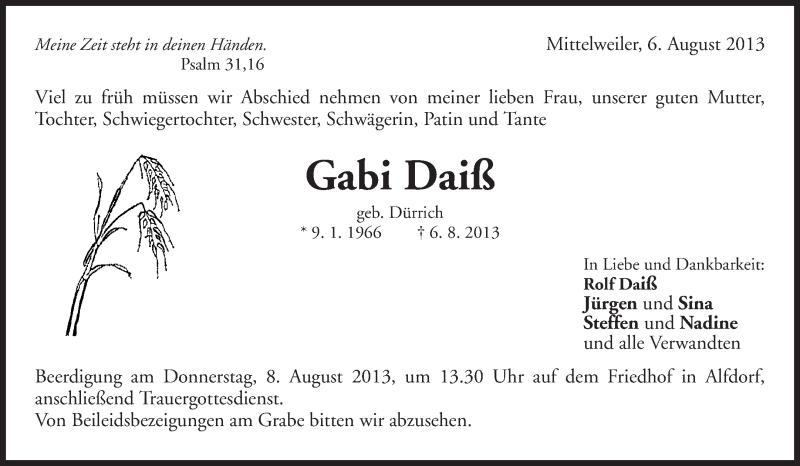  Traueranzeige für Gabi Daiß vom 07.08.2013 aus Waiblinger Kreiszeitung
