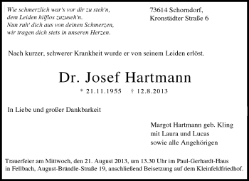 Traueranzeige von Josef Hartmann von Waiblinger Kreiszeitung
