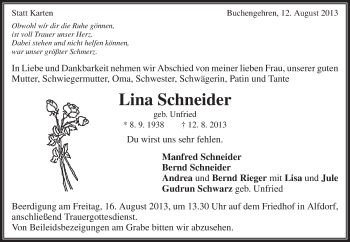 Traueranzeige von Lina Schneider von Waiblinger Kreiszeitung