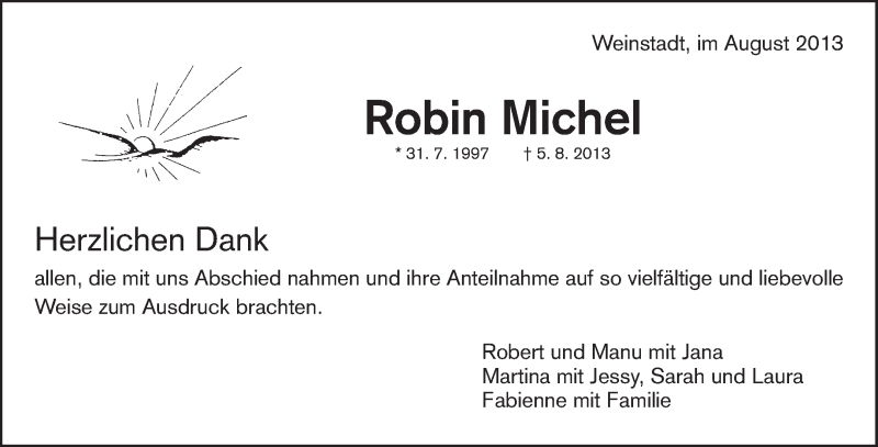  Traueranzeige für Robin Michel vom 17.08.2013 aus Waiblinger Kreiszeitung