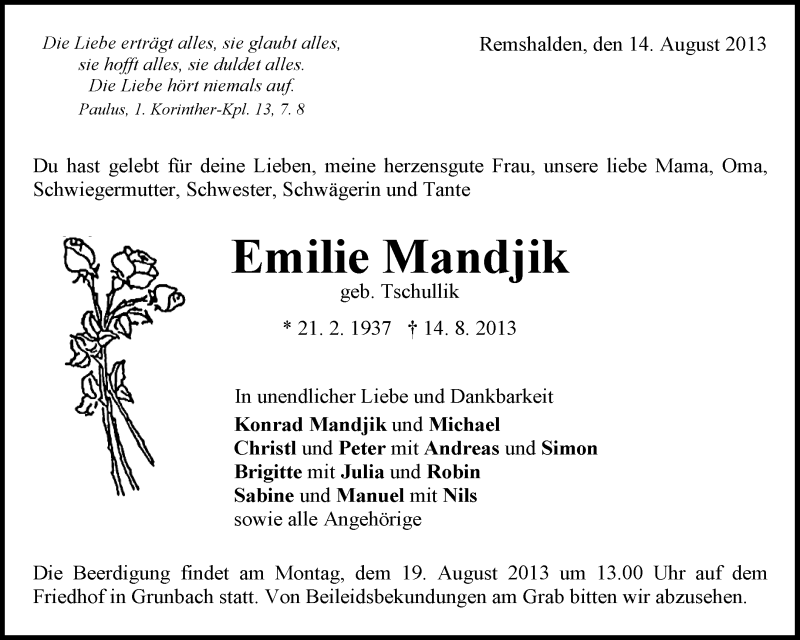  Traueranzeige für Emilie Mandjik vom 16.08.2013 aus Waiblinger Kreiszeitung