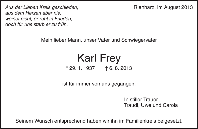  Traueranzeige für Karl Frey vom 22.08.2013 aus Waiblinger Kreiszeitung