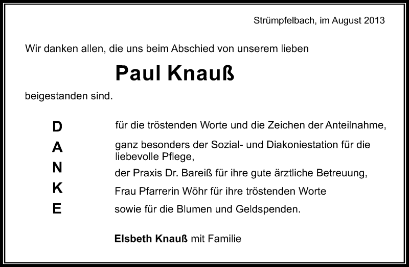  Traueranzeige für Paul Knauß vom 04.09.2013 aus Waiblinger Kreiszeitung