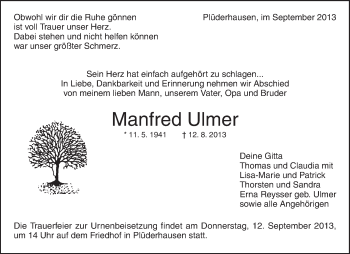 Traueranzeige von Manfred Ulmer von Waiblinger Kreiszeitung