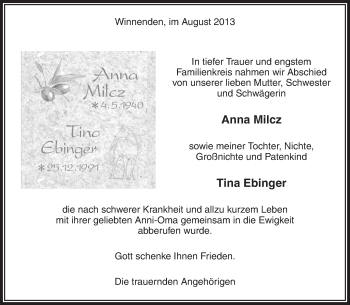Traueranzeige von Anna Milcz von Waiblinger Kreiszeitung