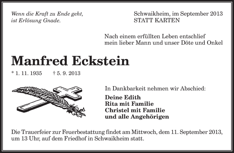  Traueranzeige für Manfred Eckstein vom 09.09.2013 aus Waiblinger Kreiszeitung