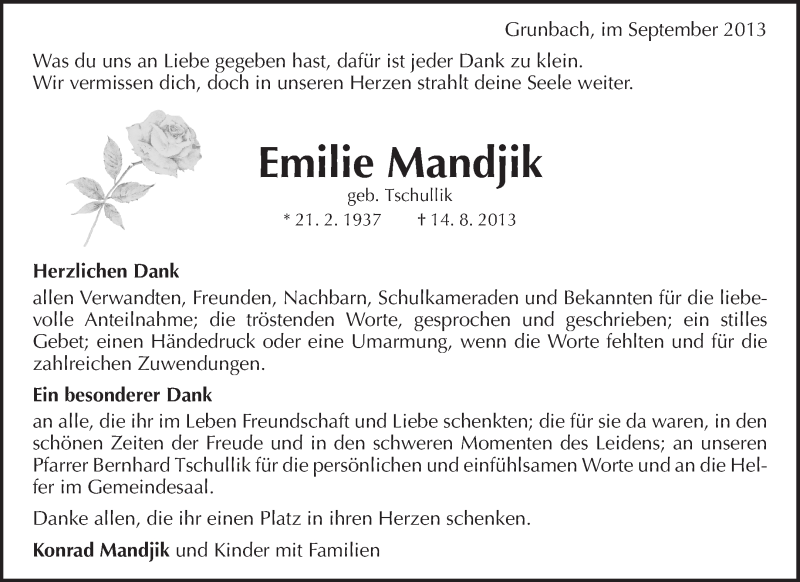  Traueranzeige für Emilie Mandjik vom 10.09.2013 aus Waiblinger Kreiszeitung