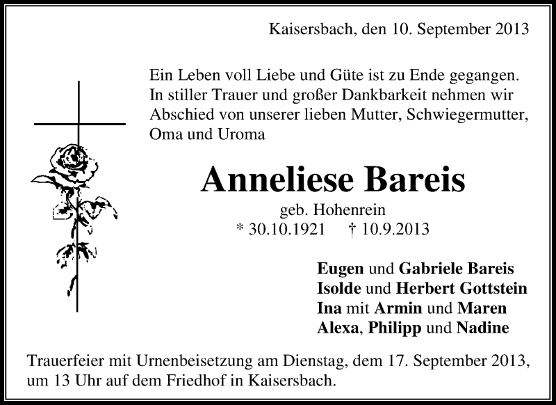  Traueranzeige für Anneliese Bareis vom 14.09.2013 aus Waiblinger Kreiszeitung
