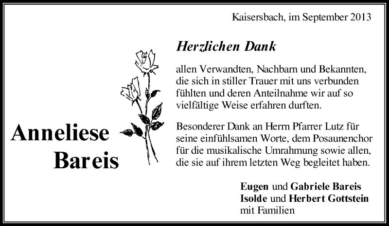  Traueranzeige für Anneliese Bareis vom 30.09.2013 aus Waiblinger Kreiszeitung