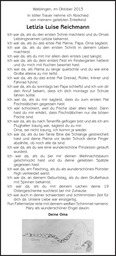  Traueranzeige für Letizia Reichmann vom 04.10.2013 aus Waiblinger Kreiszeitung
